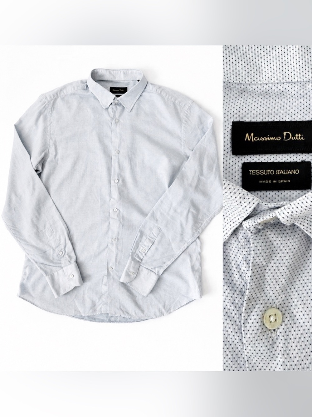 Massimo Dutti Italian Fabric Button Down Shirt Blue Micro Dot USA 17 / EUR 43 XL